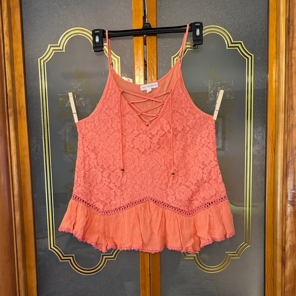 Lace Coral Tank Top with Crisscross Detail